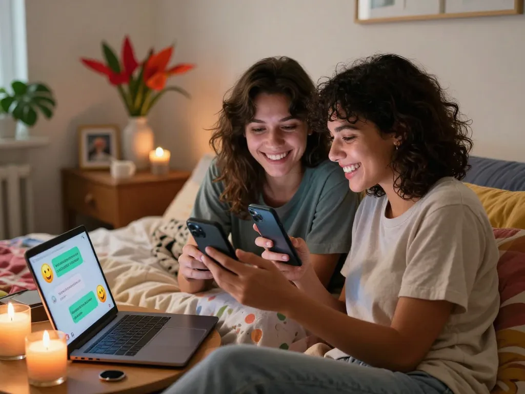 Sexting AI chat between a couple in a cozy bedroom, showcasing intimate digital interaction.