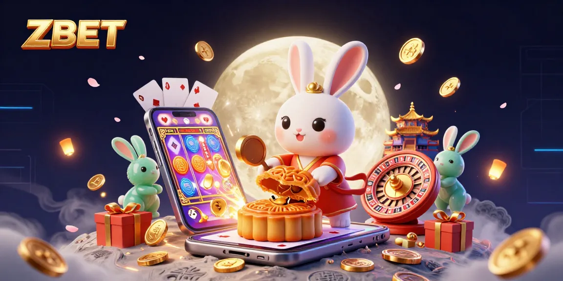 ZBET casino illustration featuring a moon rabbit with poker chips, vibrant casino games, and a jade companion.
