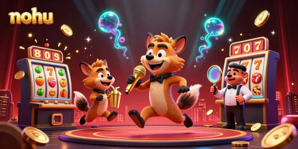 Hyenas at a comedy casino club creating a lively nohu gaming atmosphere filled with slot machine elements.