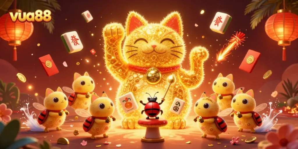 Engage with vua88’s immersive casino experience featuring a vibrant lucky cat and golden fireflies.