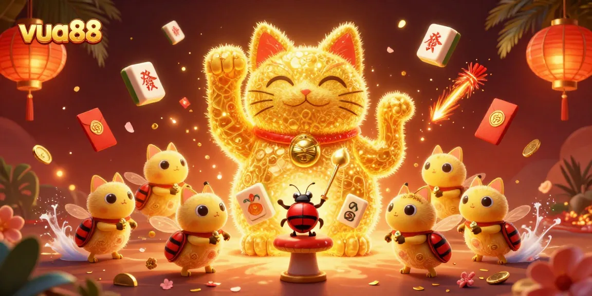 Engage with vua88’s immersive casino experience featuring a vibrant lucky cat and golden fireflies.