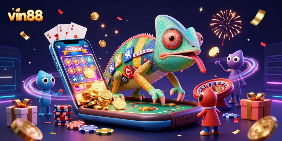 vin88 casino scene with a playful chameleon snatching coins and vibrant gambling elements