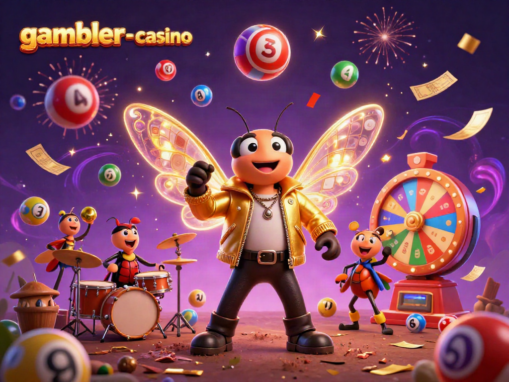 Upplev spännande vinstmoment med gambler-casino's energiska karaktärer och casinoelement i en festlig scen.