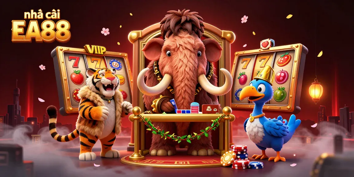 Experience excitement at nhà cái EA88 with a unique illustration of a casino scene featuring cartoon characters and vibrant gaming elements.