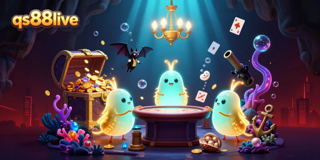 Experience the excitement of qs88live as glowworms illuminate a lively casino scene filled with treasure and games.