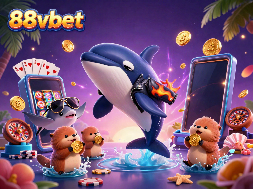 Experience thrill with 88vbet as cartoon characters celebrate their online gambling wins amidst gold coins and vibrant games.