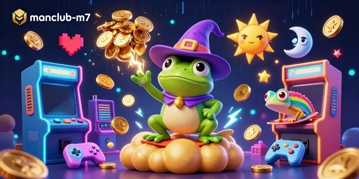 Experience the thrill of manclub-m7 as a weather wizard frog unleashes golden coins amid vibrant gaming elements.
