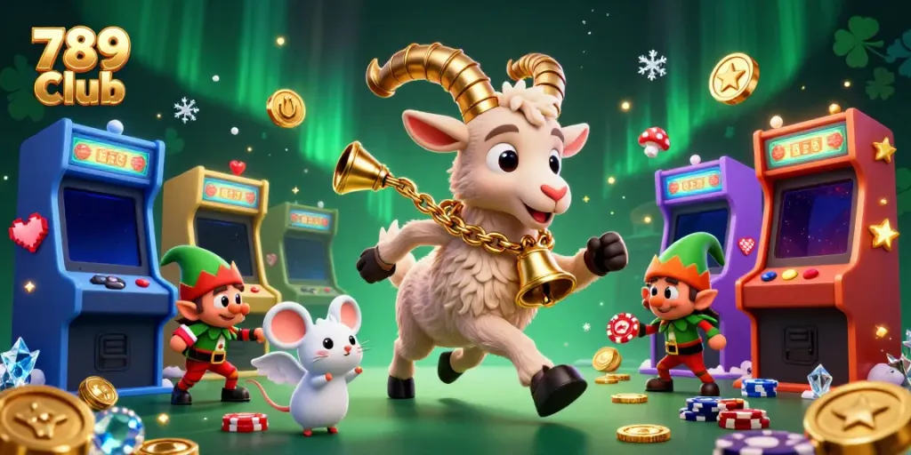 Engage with thrilling games at 789 Club's lively casino scene featuring festive characters and vibrant action.