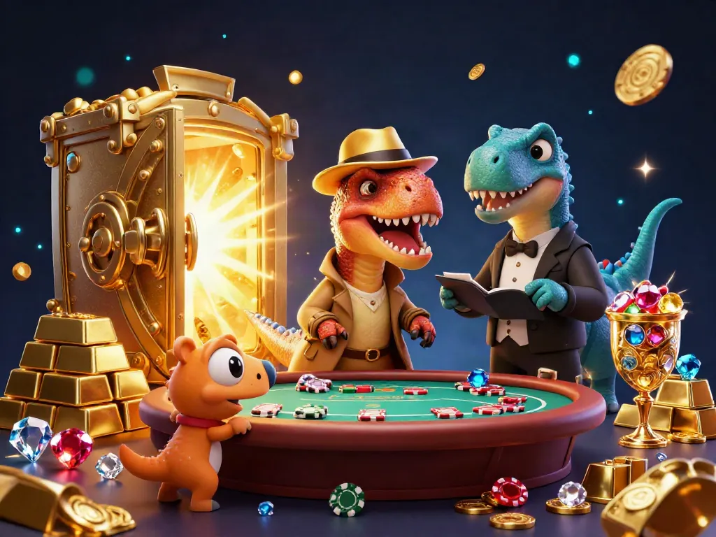 Kuwin showcases a vibrant 3D illustration featuring a velociraptor card counter and a stegosaurus pit boss amidst an exciting gambling scene.