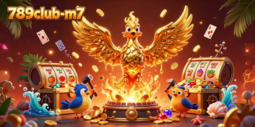 Experience winning moments at 789club-m7 with an enchanting golden phoenix and lively slot elements.