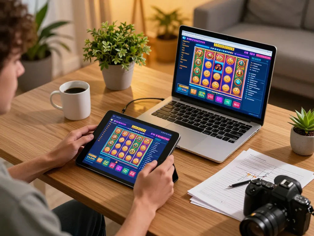 Engaging in a thrilling gaming session on 79club with vibrant slot graphics in a cozy home setting.