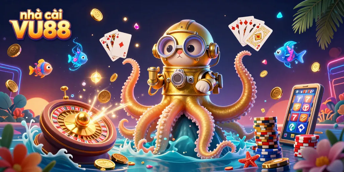 Engage with nhà cái VU88 in a vibrant casino world featuring a colossal kraken and a diving cat, filled with treasure.