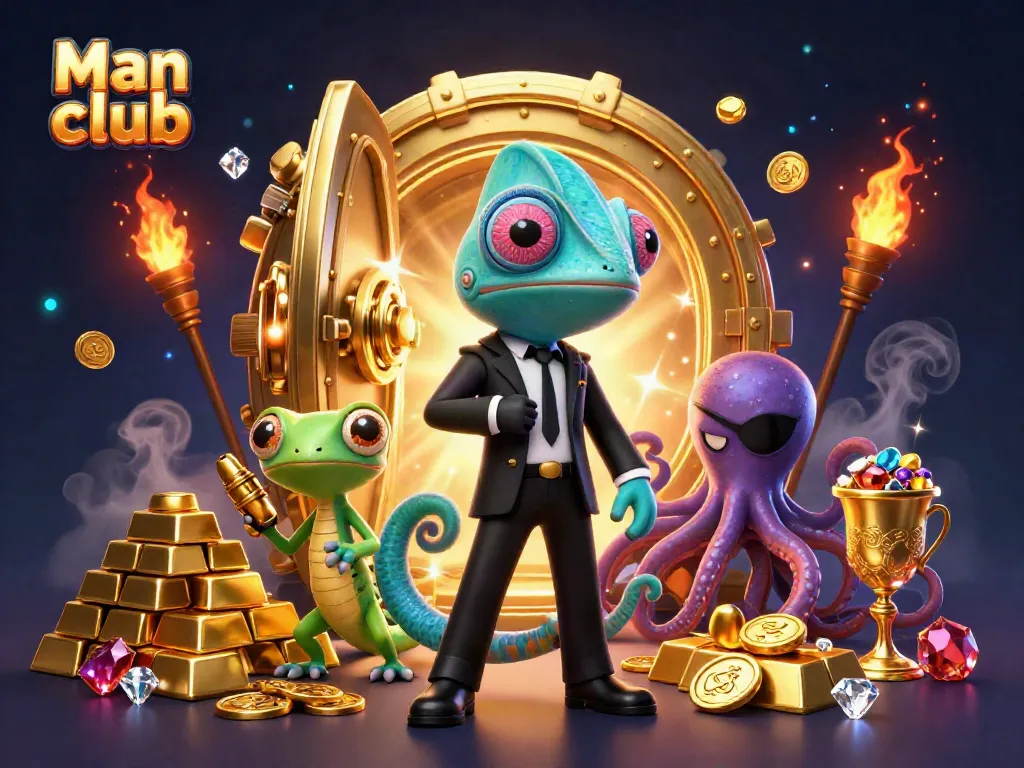 Experience thrilling casino action with Man club's lively illustration featuring dynamic characters and gold elements.