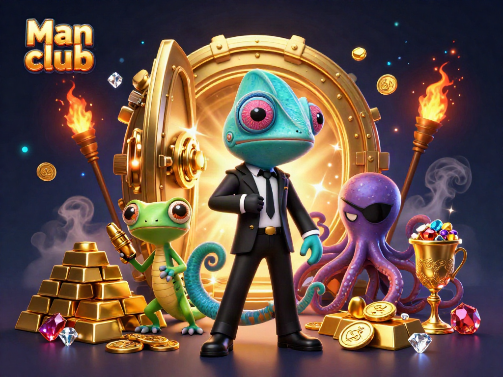 Experience thrilling casino action with Man club's lively illustration featuring dynamic characters and gold elements.