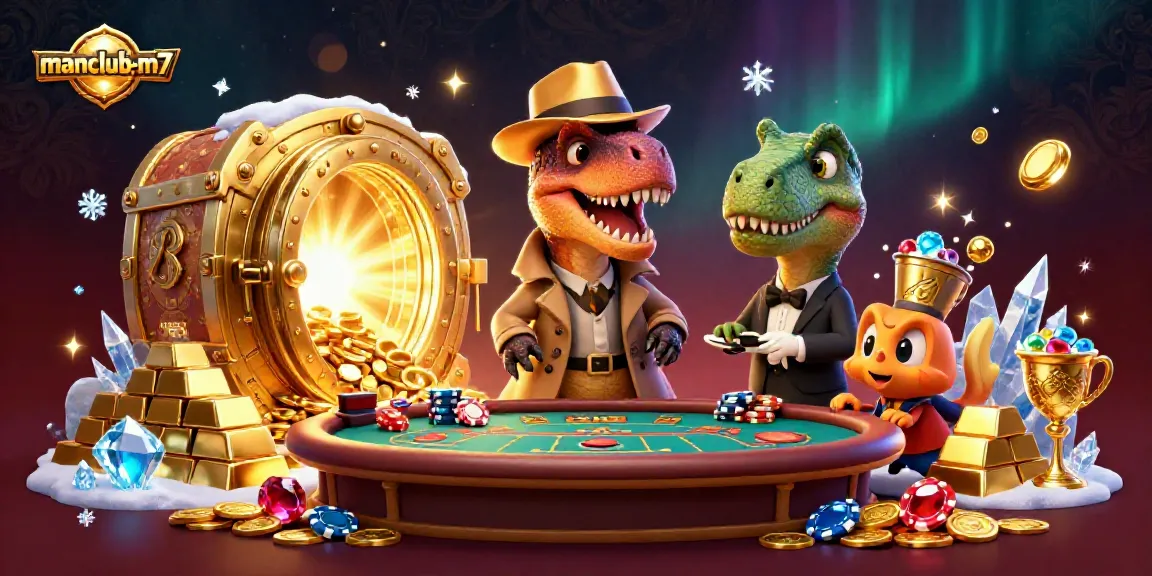 Experience the excitement of manclub-m7 with a whimsical 3D scene of cartoon dinosaurs at a blackjack table.