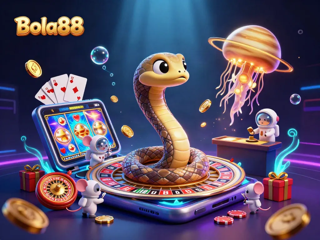 Bola88 reveals bets in a cosmic casino scene with unique characters and vibrant gaming elements.