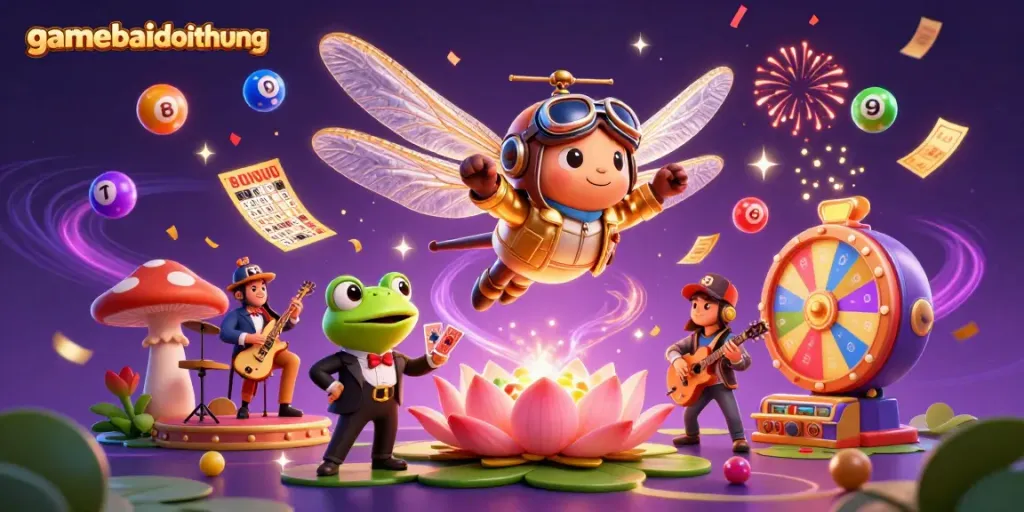 Celebrate with gamebaidoithuong at the vibrant lily pad casino, featuring a dragonfly pilot and frog dealer.