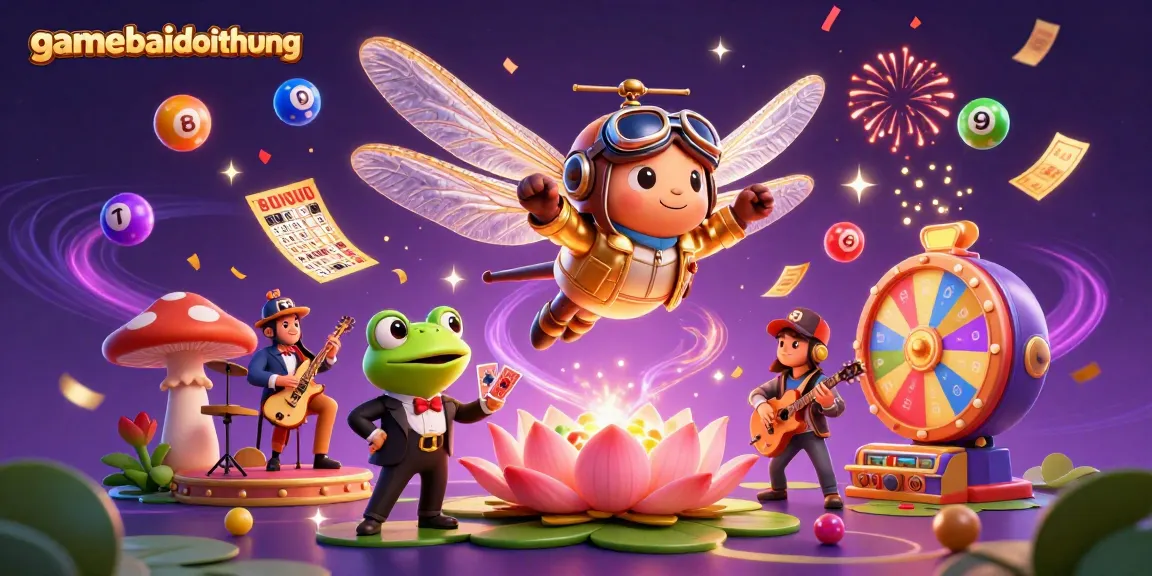 Celebrate with gamebaidoithuong at the vibrant lily pad casino, featuring a dragonfly pilot and frog dealer.