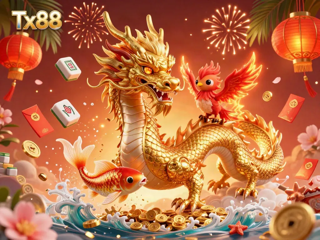 Experience the thrill of Tx88 with a dynamic scene featuring a golden dragon and red phoenix amidst casino elements and coins.