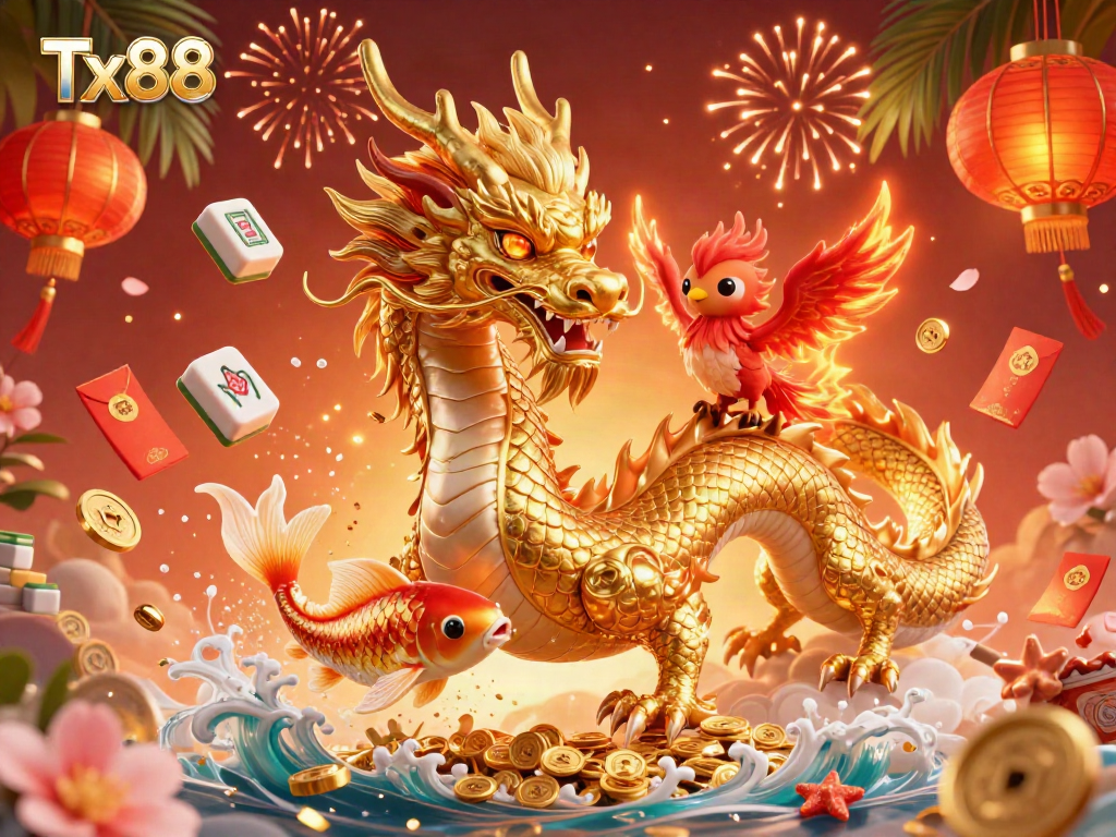 Experience the thrill of Tx88 with a dynamic scene featuring a golden dragon and red phoenix amidst casino elements and coins.