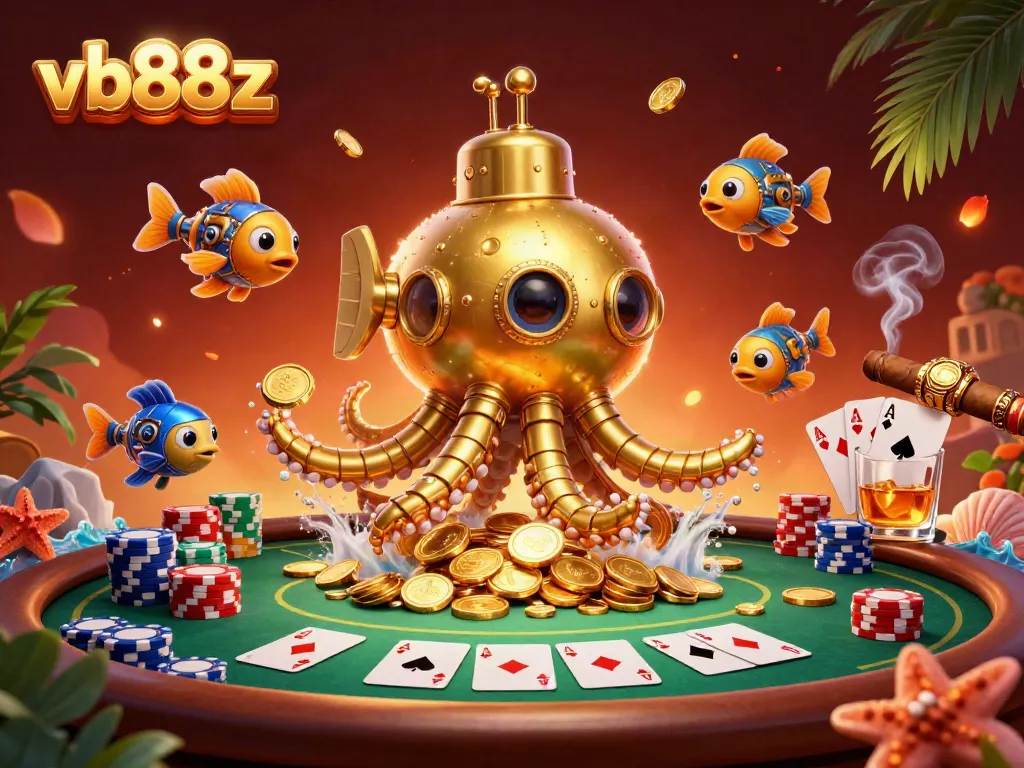 Experience the vibrant gaming world at vb88z with intricate 3D kraken and poker elements.