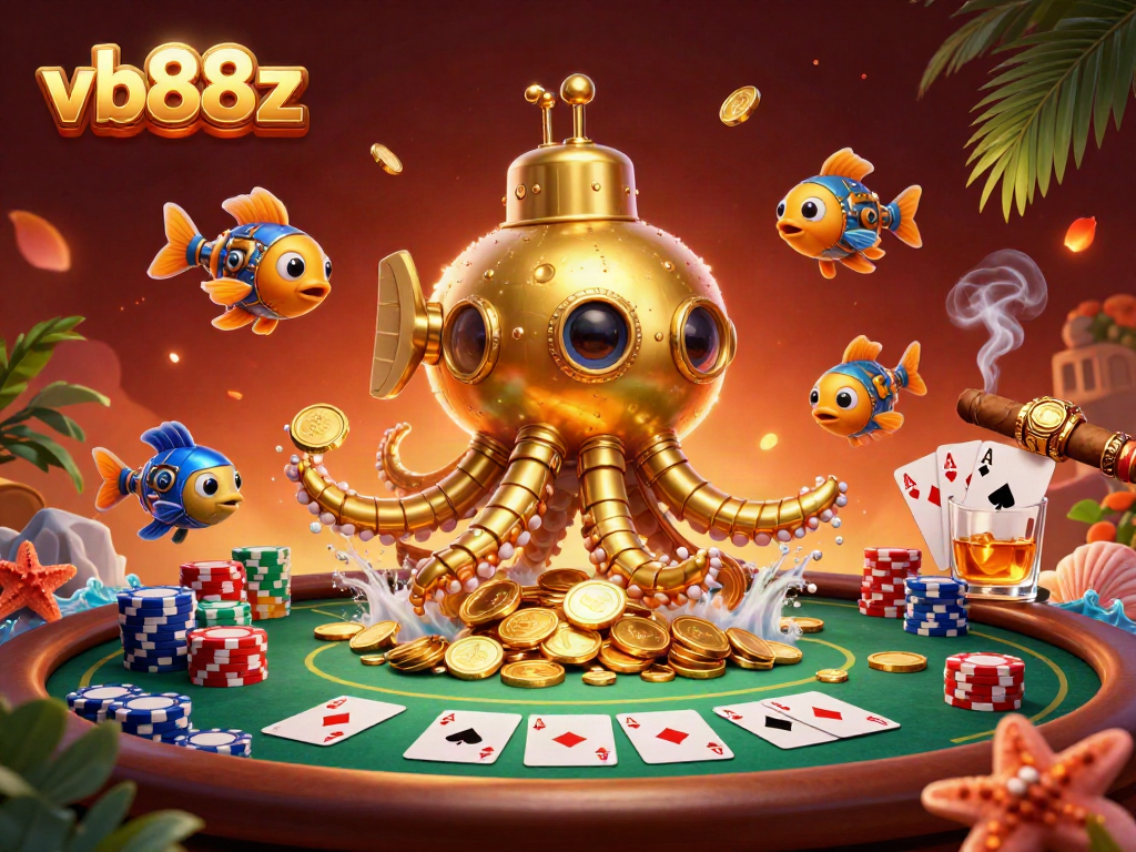 Experience the vibrant gaming world at vb88z with intricate 3D kraken and poker elements.