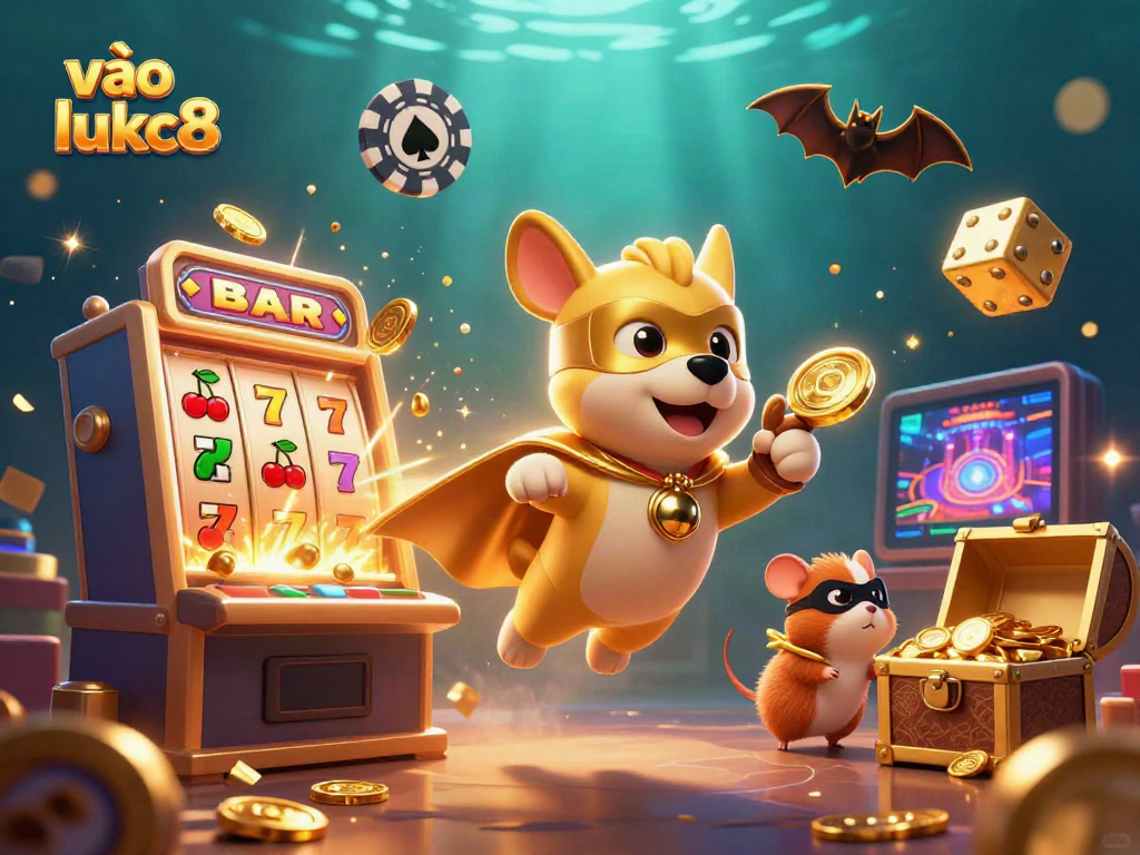 Experience excitement and fun at vào lukc8 with a 3D cartoon scene featuring vibrant casino elements.