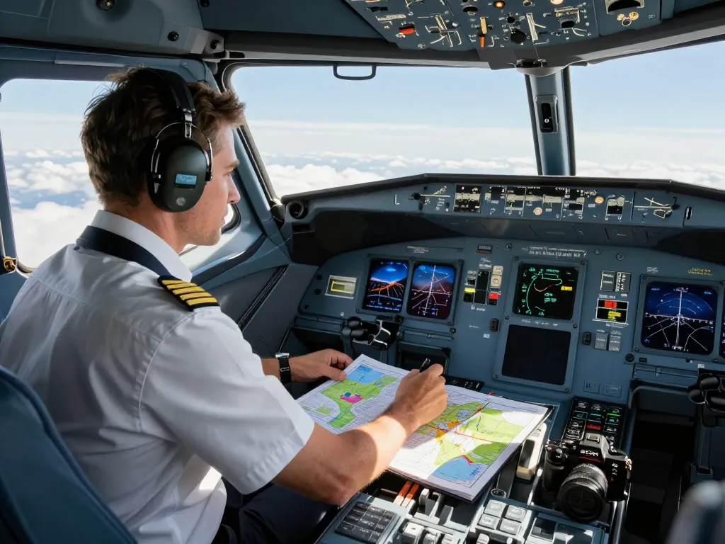 Pilot in modern cockpit preparing for flight with Fly88 aviation maps and instruments