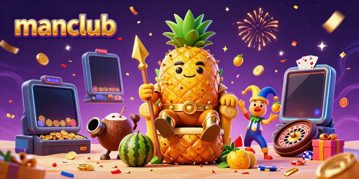 Experience thrilling gaming action with manclub's vivid 3D illustration featuring a pineapple king and vibrant casino elements.