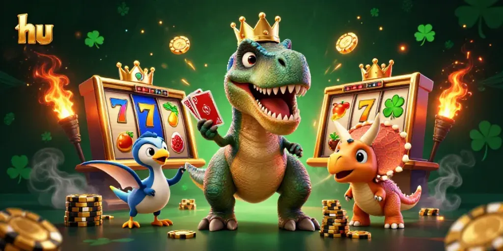 Feeling the thrill of gaming, the friendly T-Rex looks ready to shuffle cards at the hu casino.
