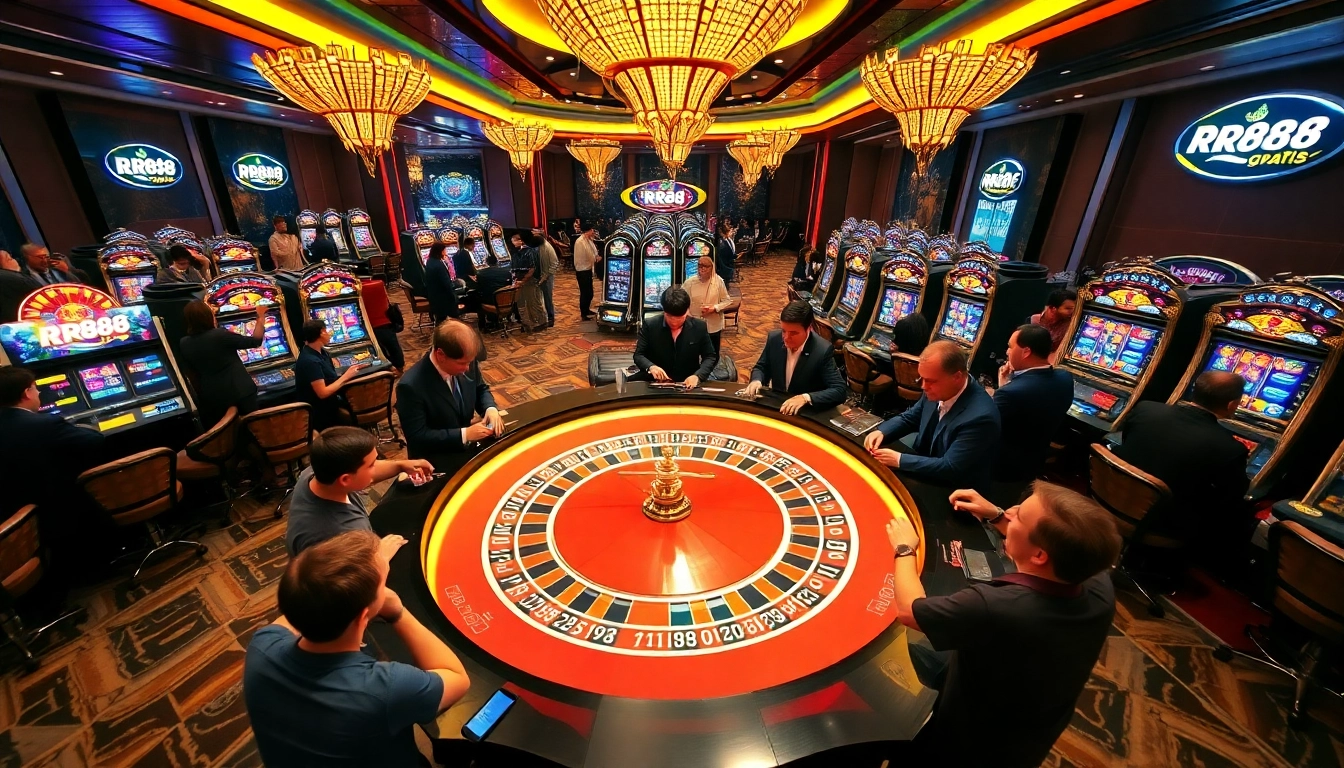 Experience excitement at rr88 gratis casino with players enjoying roulette and slot machines.