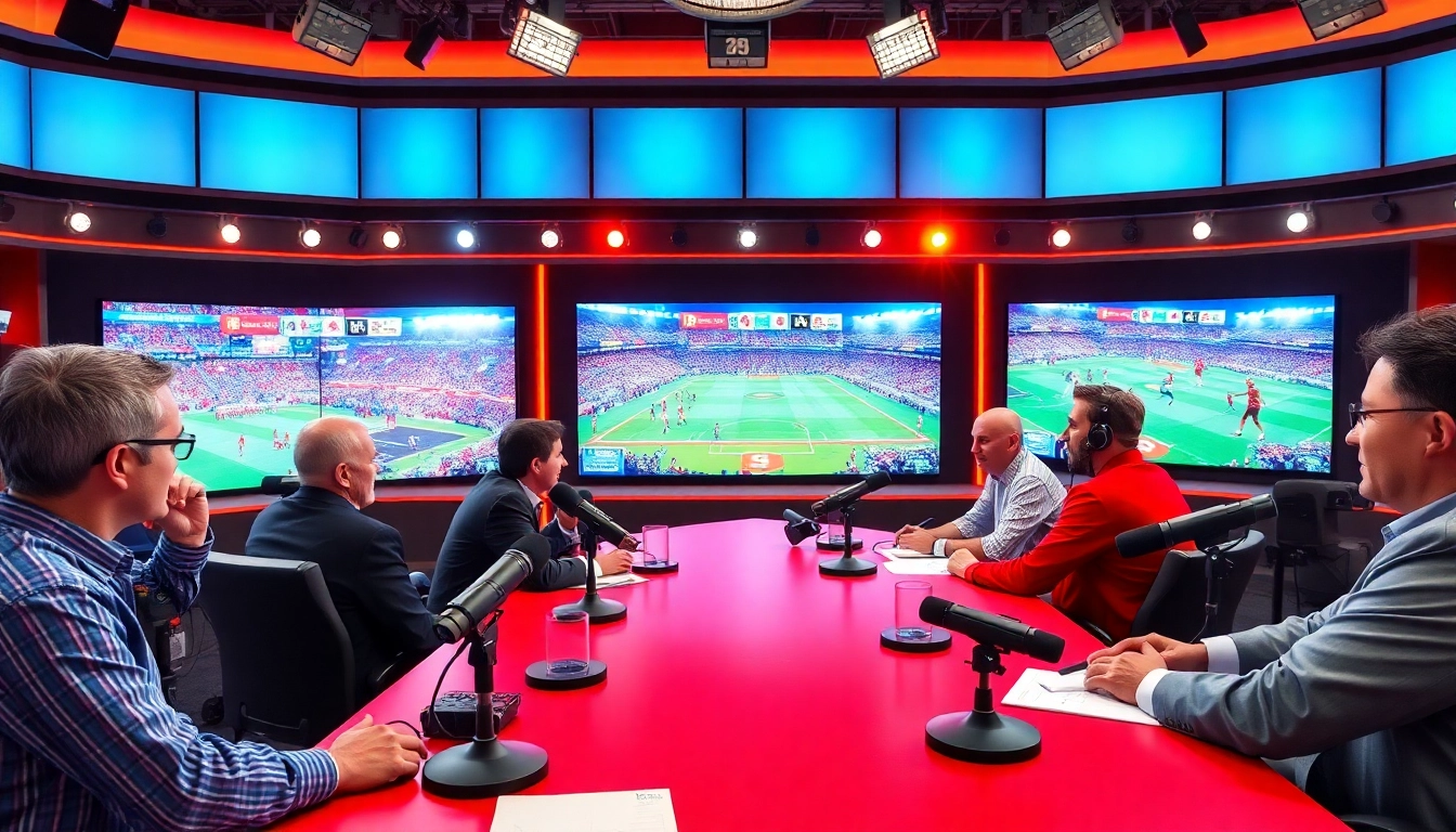 Dynamic scene of Sports Broadcasting with commentators in a vibrant studio setting.