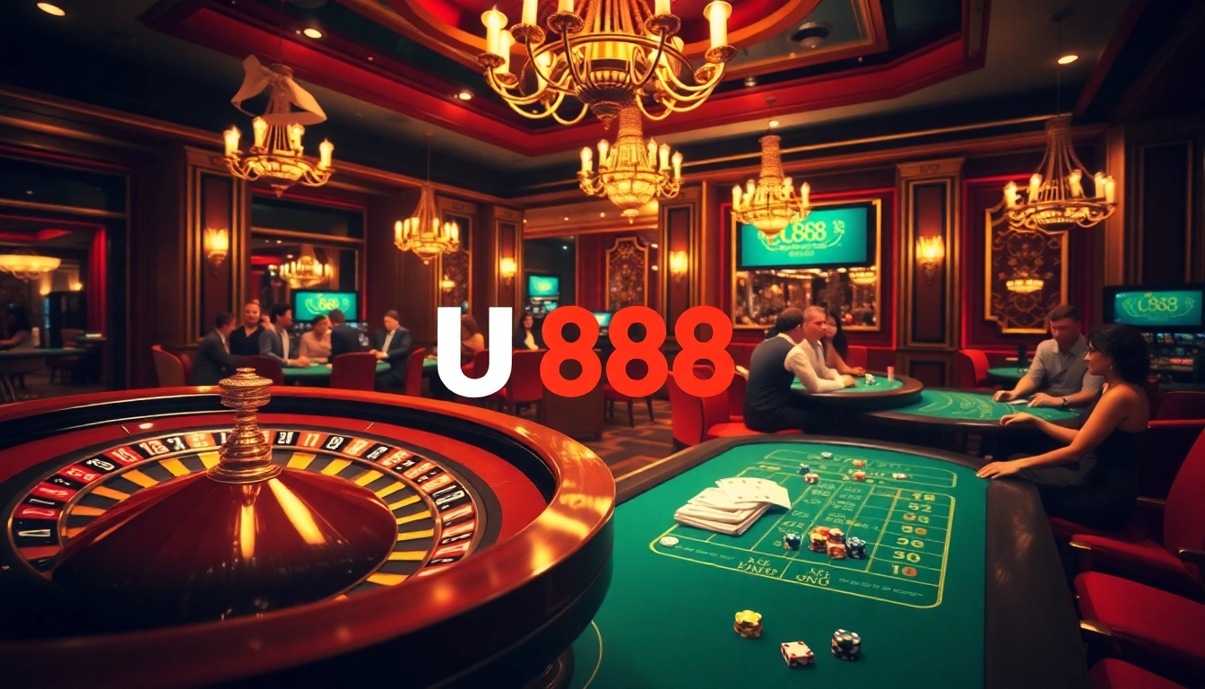 Experience excitement at U 888 casino with vibrant tables filled with cards, chips, and players.