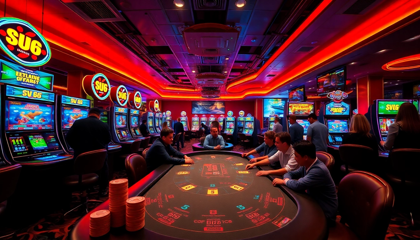 Exciting SV 66 casino atmosphere with vibrant gaming machines and players at the poker table.