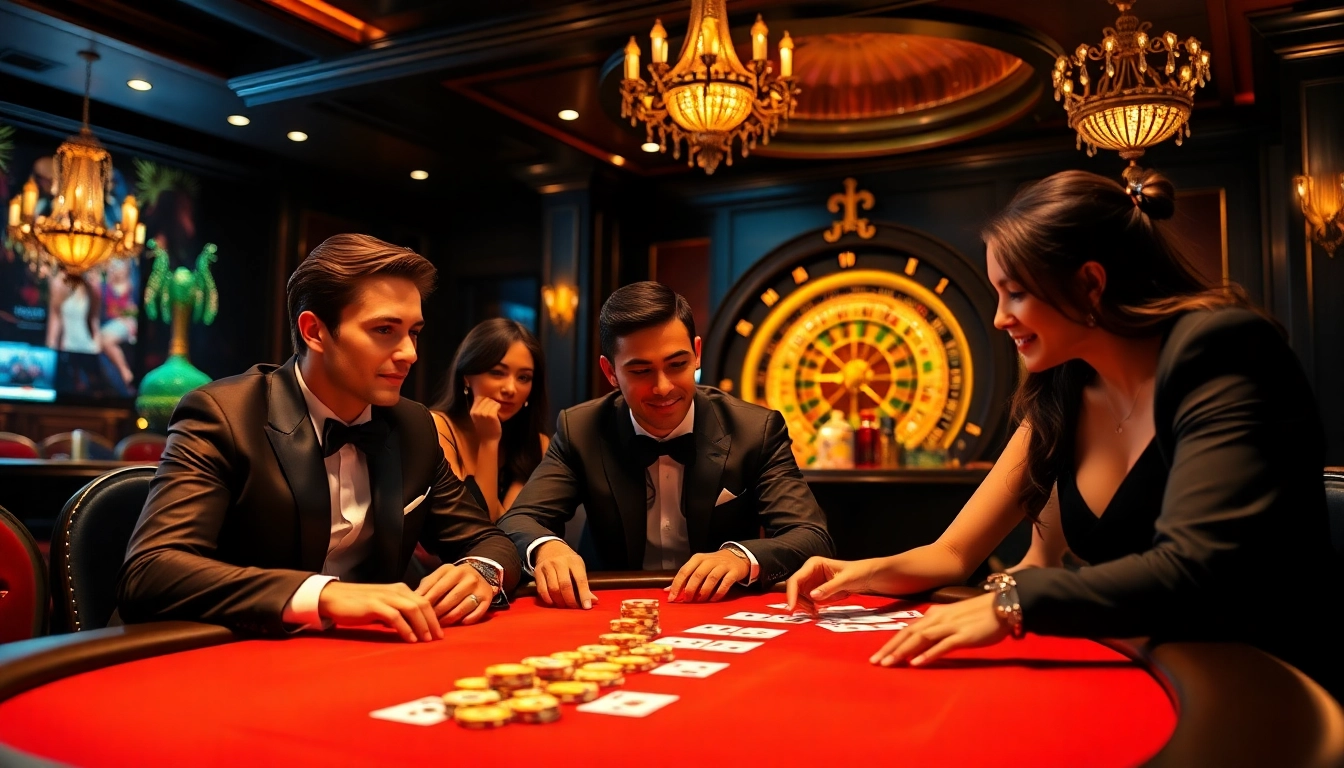 Engaged players at a high-stakes poker table from https://hay88.my/, showcasing dynamic energy and luxury.