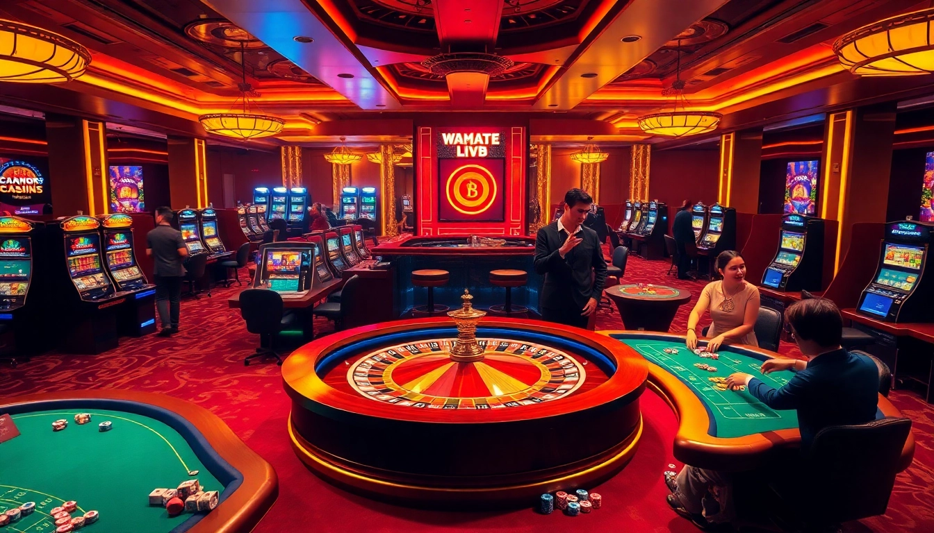 Excited gamblers enjoying the exquisite gaming atmosphere at https://mm88-mm888.com/ with a vibrant roulette wheel and lively tables.
