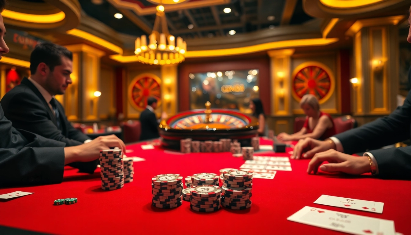 Players enjoying CM88-themed poker with vibrant chips at a luxurious casino table.