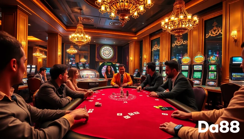 Playing poker at Da88's luxurious casino with colorful chips and vibrant atmosphere.