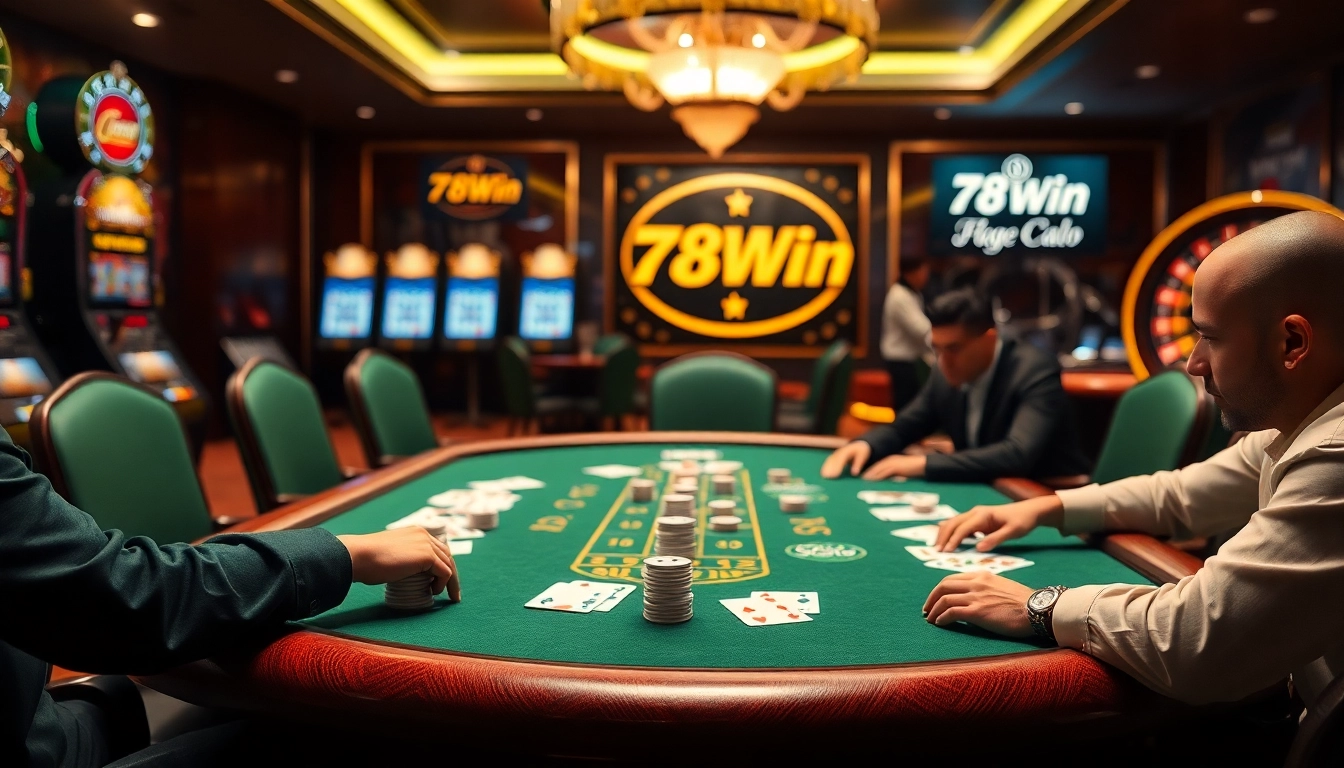 High-stakes poker game at 78Win casino with luxurious décor and eager players.