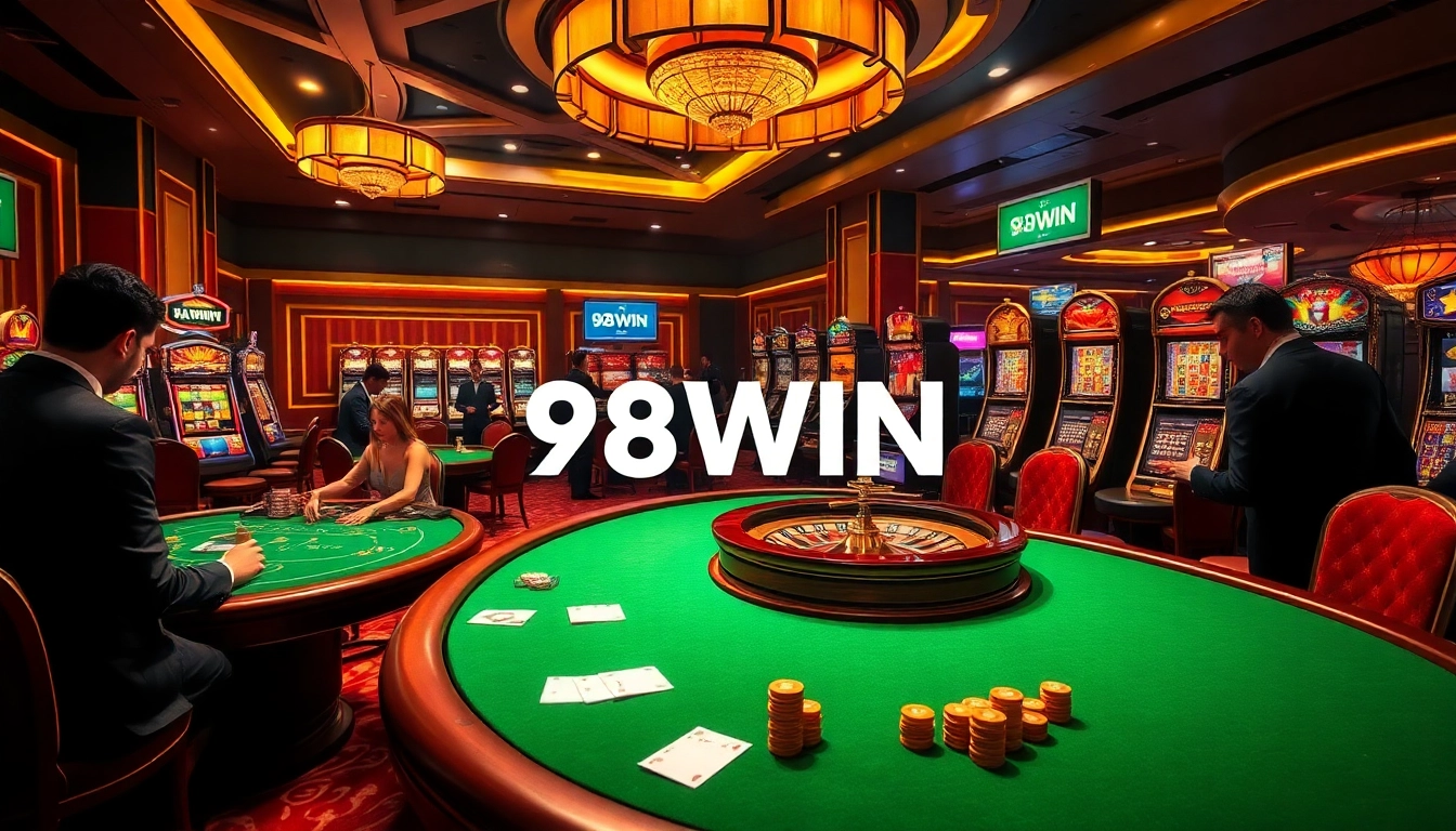 Experience the excitement of gambling at 98WIN with vibrant casino scenes and engaging players.