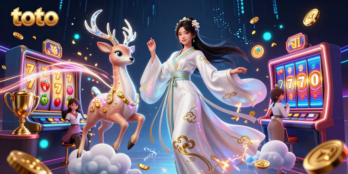 Toto jackpot celebration with vibrant slot reels, an ethereal character, and dynamic casino elements