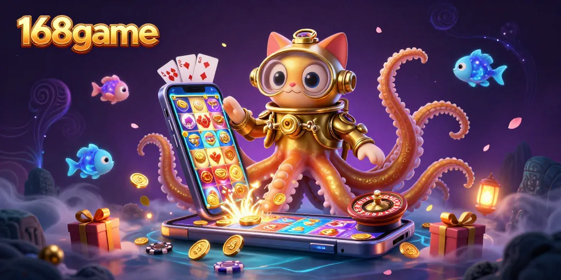 Engage in thrilling 168game action with colorful illustrations of a kraken, diving cat, and vibrant casino elements.