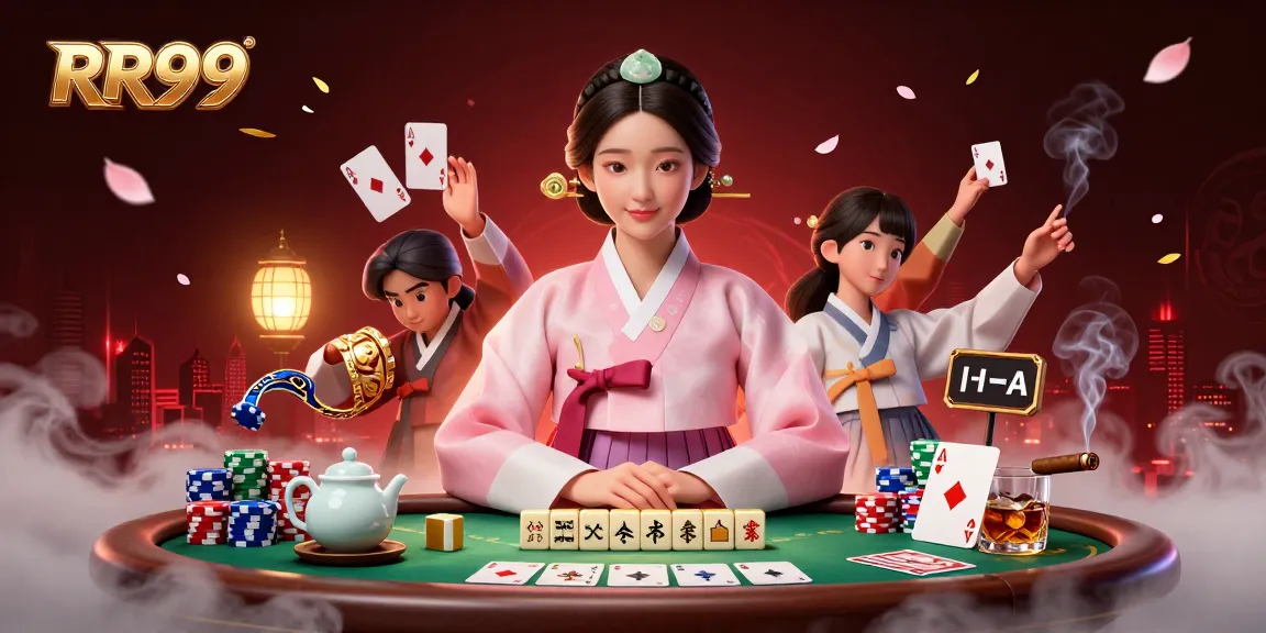 Engage with RR99 at the vibrant poker table amid 3D casino elements, showcasing chips and aces.