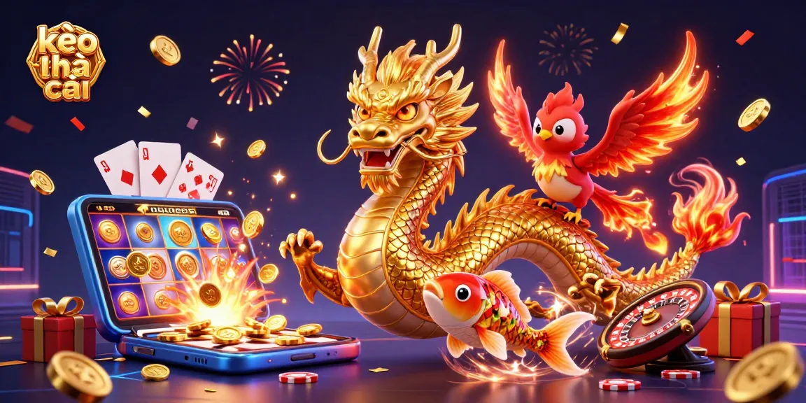 Win big with kèo nhà cái as the dragon and phoenix celebrate amidst a shower of coins.