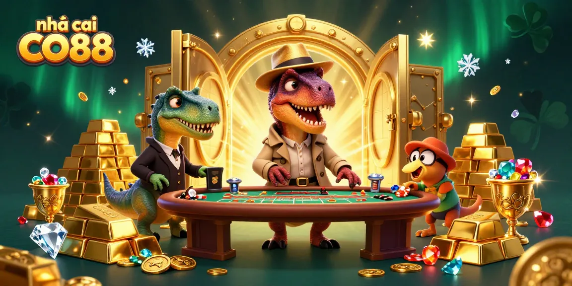 Experience gambling excitement at nhà cái CO88 with a whimsical 3D scene featuring a velociraptor card counter and treasure.