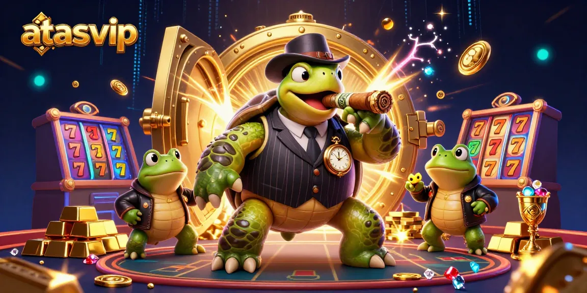 Engage excitement at atasvip with this vibrant casino scene featuring a snapping turtle in a pinstripe suit.