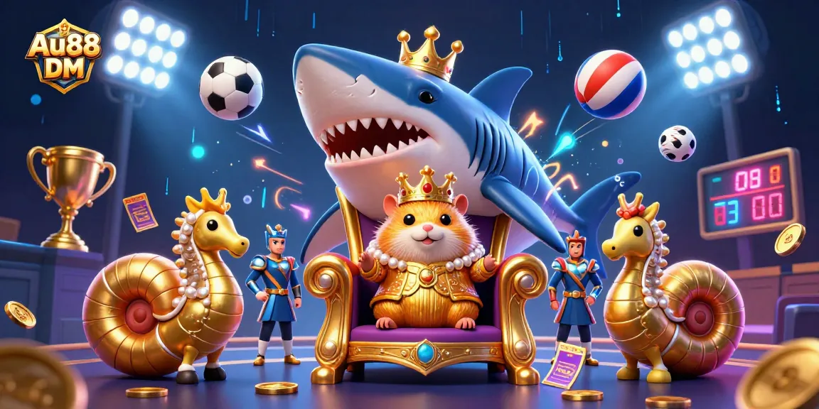 Bet big with Au88 DM featuring an energetic 3D illustration of a royal hamster king amidst sports elements and vibrant casino motifs.