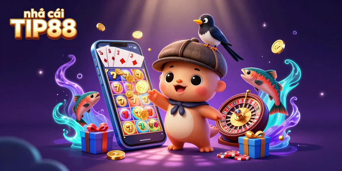 Engage with the vibrant atmosphere of nhà cái TIP88, showcasing playful characters and exciting casino elements.