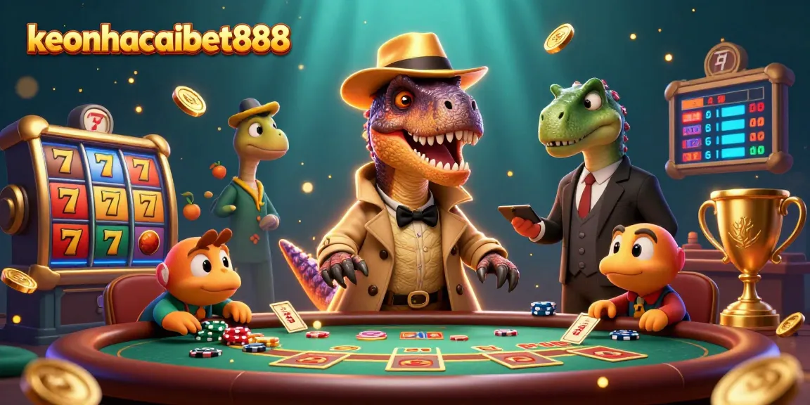 Engage with keonhacaibet888 in this vibrant casino scene featuring dinosaurs and slots.