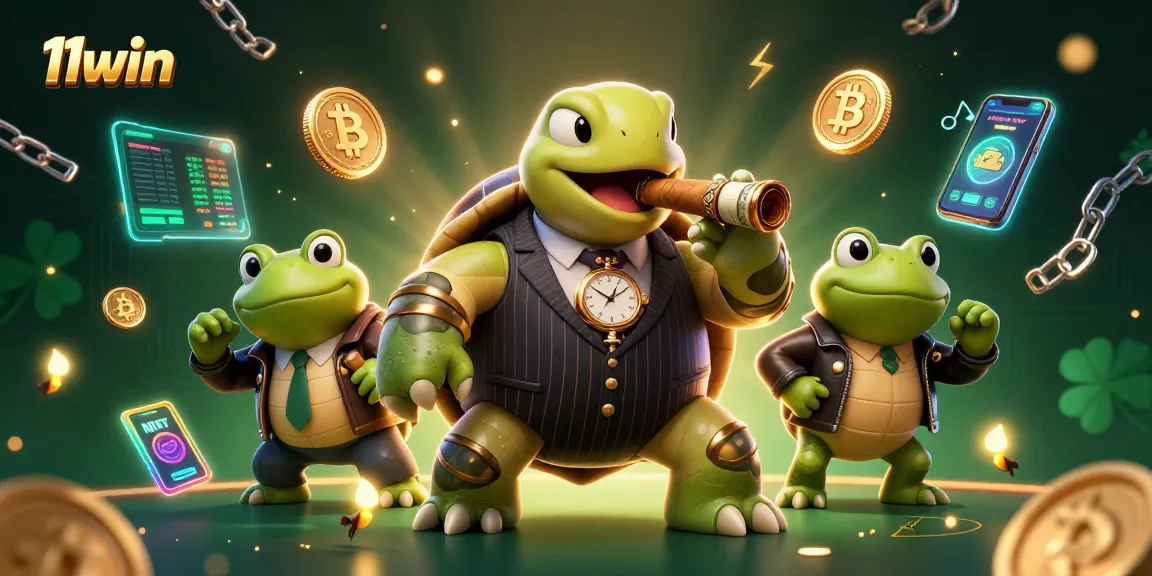 Win big with 11win's vibrant casino scene featuring a snapping turtle and bullfrog enforcers.